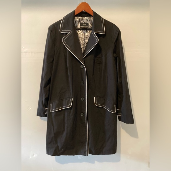 NWOT!!! Dennis Basso Black Trench Coat Jacket with White detail trim - Picture 1 of 6